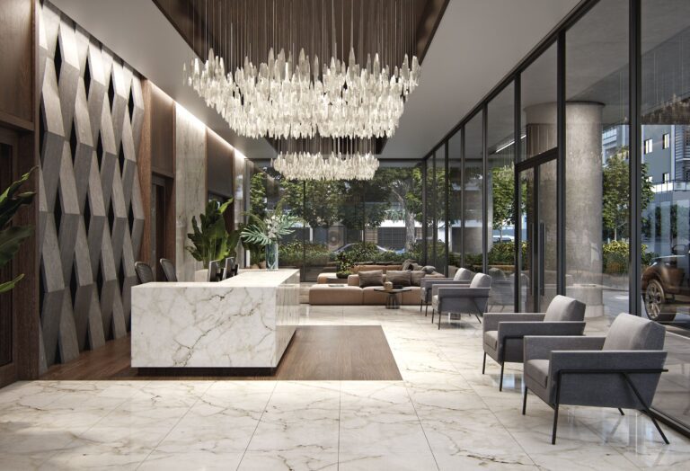 Modern Class A office lobby interior showcasing premium finishes for Class A office build outs and renovations in Orlando and Florida