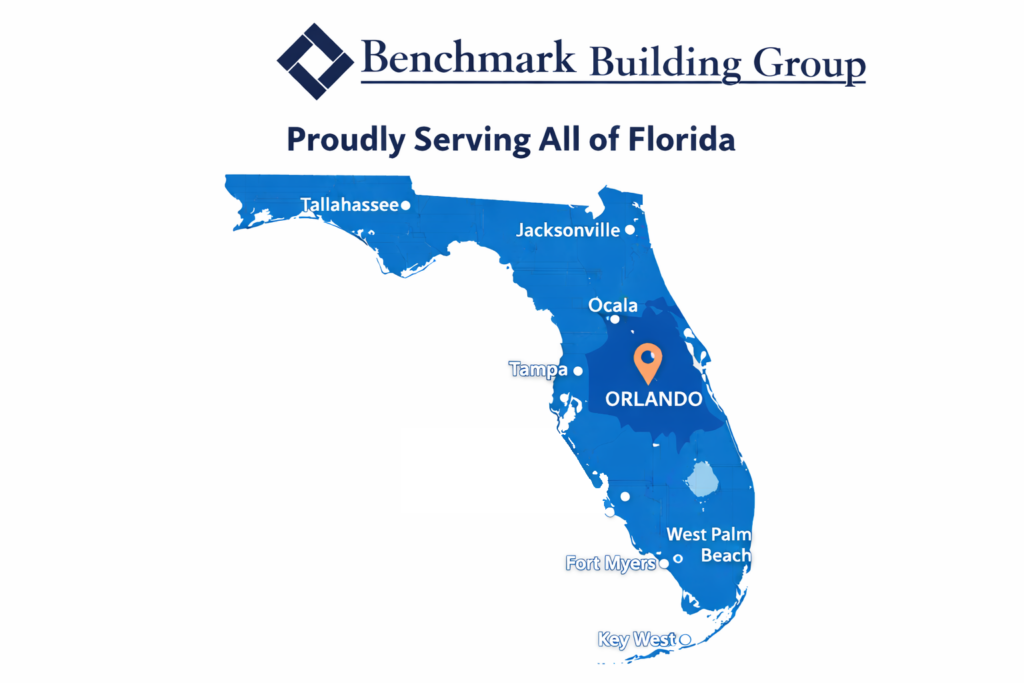 Benchmark Building Group service area map showing statewide commercial construction coverage across Florida